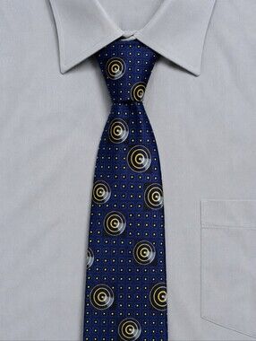 Hugo Boss 100% Silk Tie Made in Italy Blue Gold Geometric Circle Print
